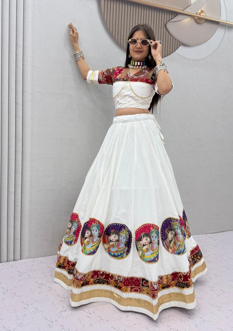 White Printed Cotton Navratri Lehenga Set - Indya