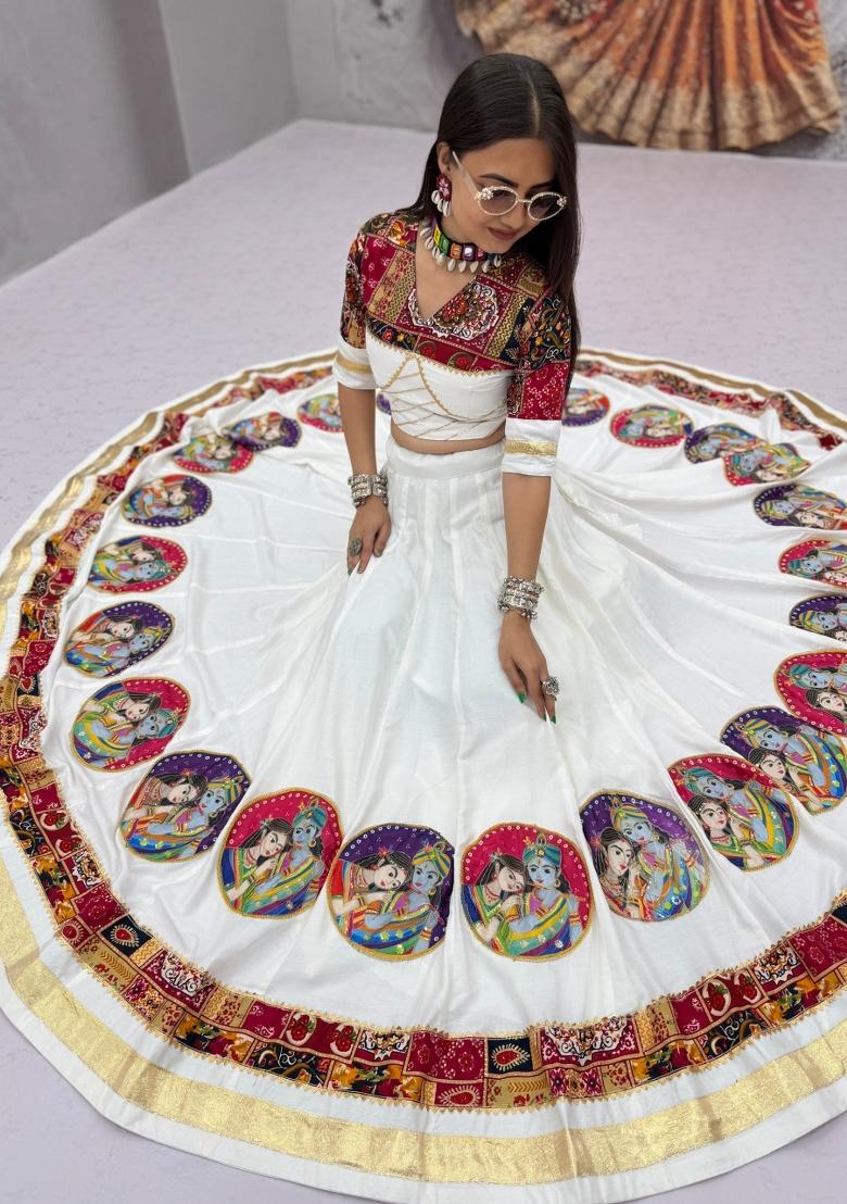 White Printed Cotton Navratri Lehenga Set - Indya