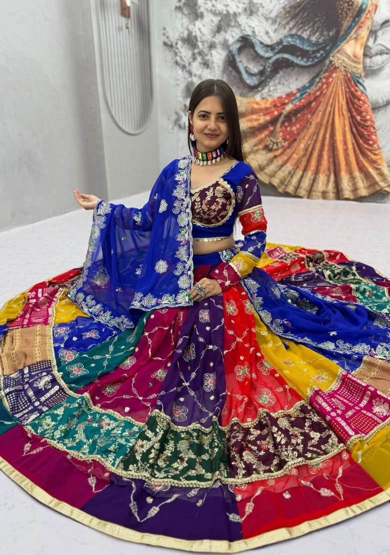 Multicolor Sequin Work Georgette Navratri Lehenga Set - Indya