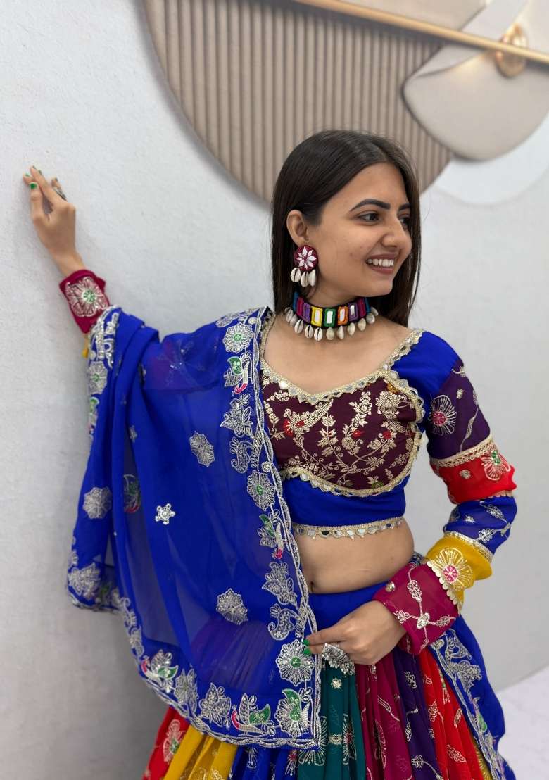 Multicolor Sequin Work Georgette Navratri Lehenga Set - Indya