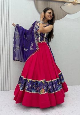 Rani Pink And Royal Blue Printed Silk Navratri Lehenga Set