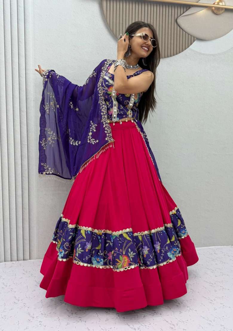 Rani Pink And Royal Blue Silk Navratri Lehenga Set with Printed for Diwali | Wedding & Festive Wear - Indya