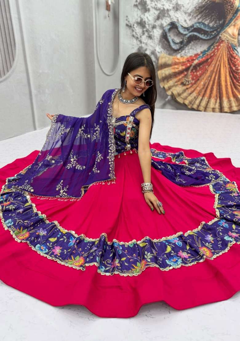 Rani Pink And Royal Blue Silk Navratri Lehenga Set with Printed for Diwali | Wedding & Festive Wear - Indya