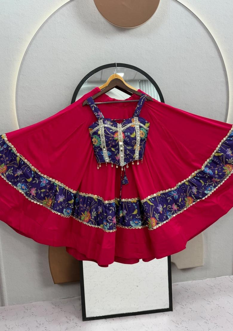 Rani Pink And Royal Blue Printed Silk Navratri Lehenga Set - Indya
