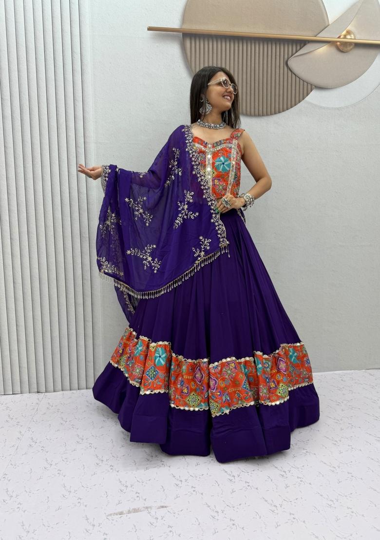 Purple And Orange Printed Silk Navratri Lehenga Set - Indya