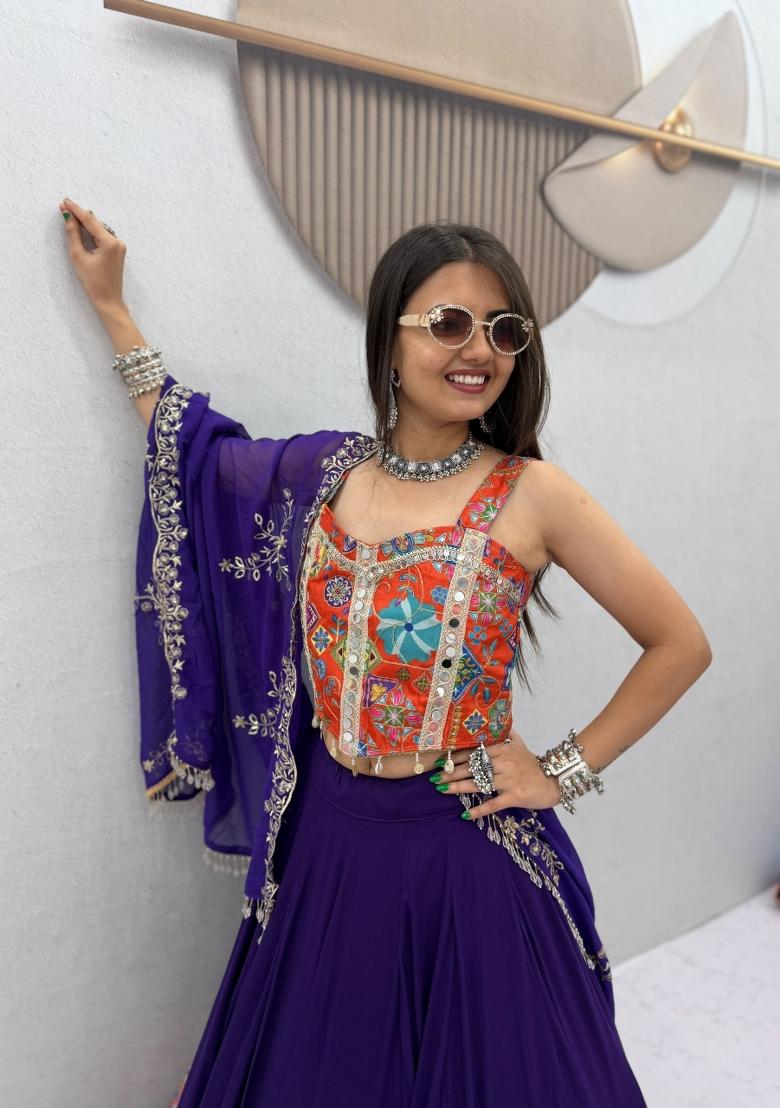 Purple And Orange Printed Silk Navratri Lehenga Set - Indya