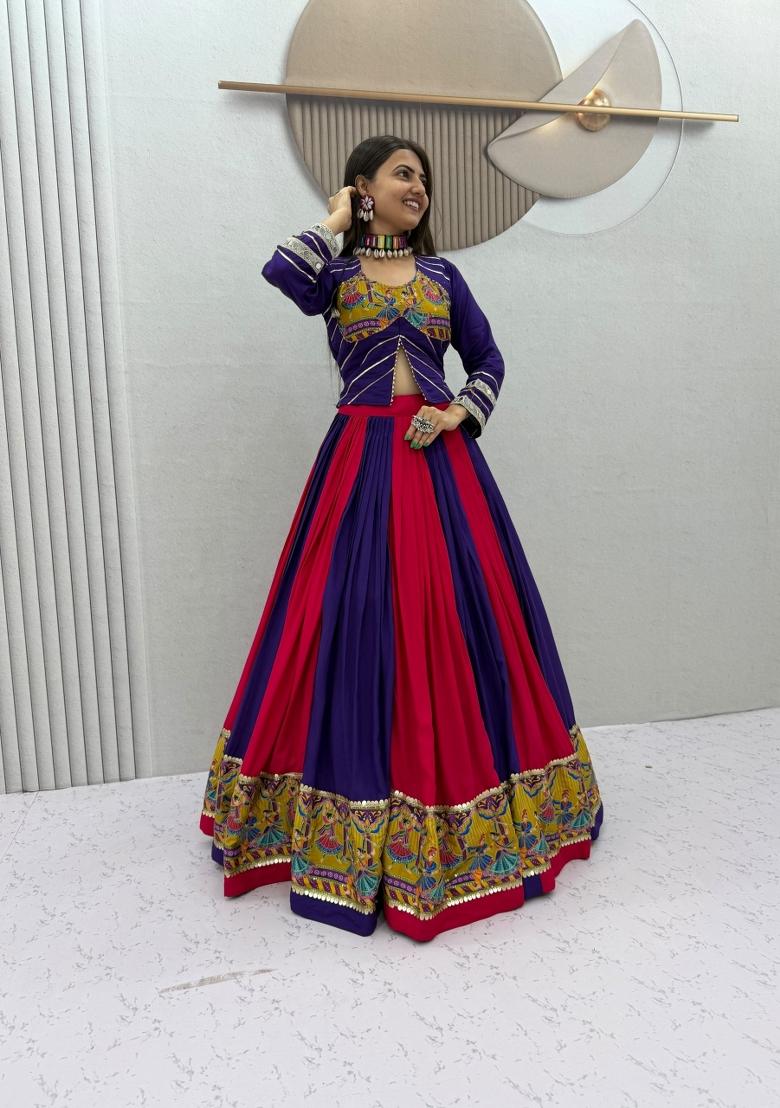 Rani Pink And Purple Printed Cotton Navratri Lehenga Set - Indya