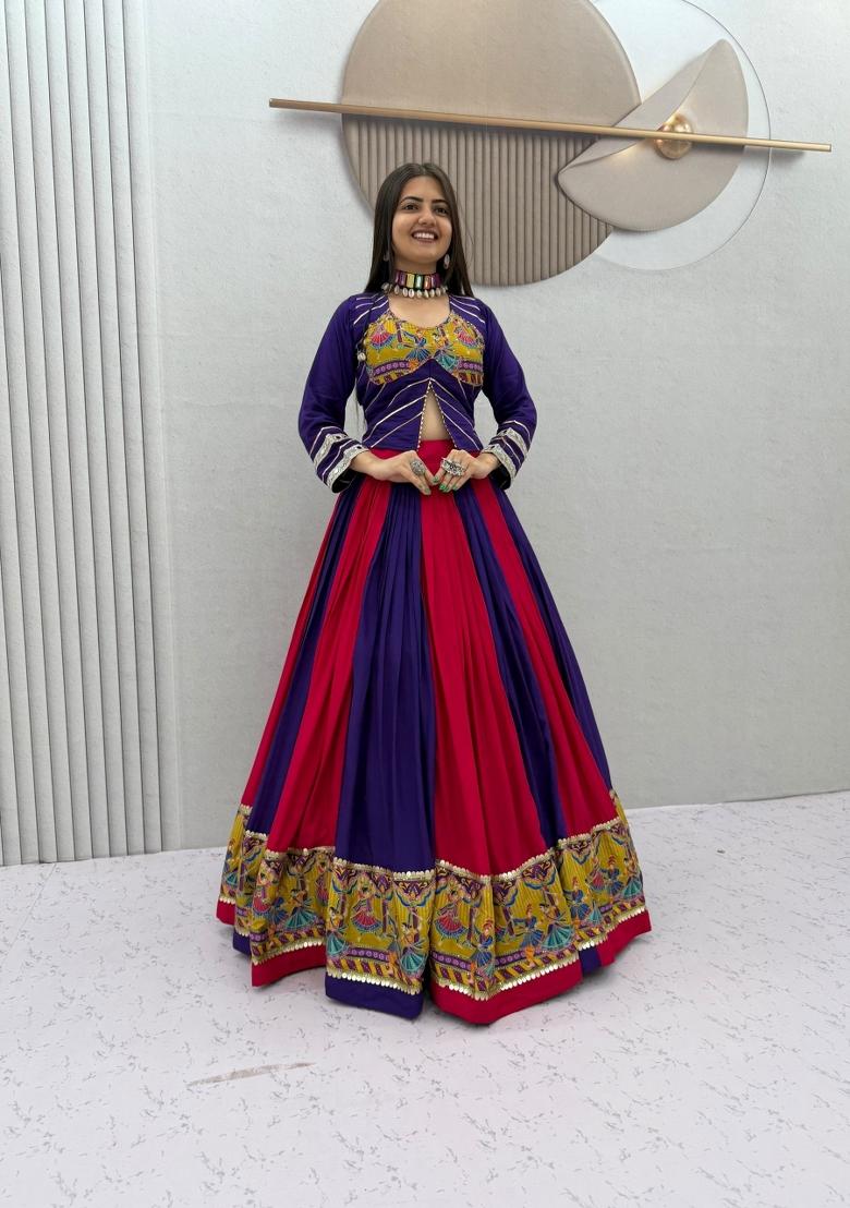 Rani Pink And Purple Printed Cotton Navratri Lehenga Set - Indya