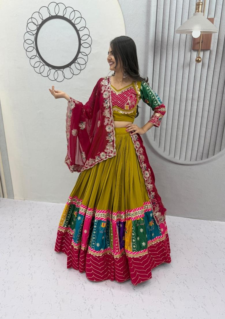 Olive Green And Rani Pink Sequin Work Georgette Navratri Lehenga Set - Indya