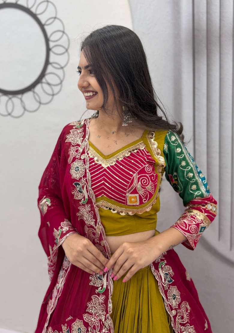 Olive Green And Rani Pink Work Navratri Georgette Lehenga Set with Sequin for Diwali | Wedding & Festive Wear - Indya
