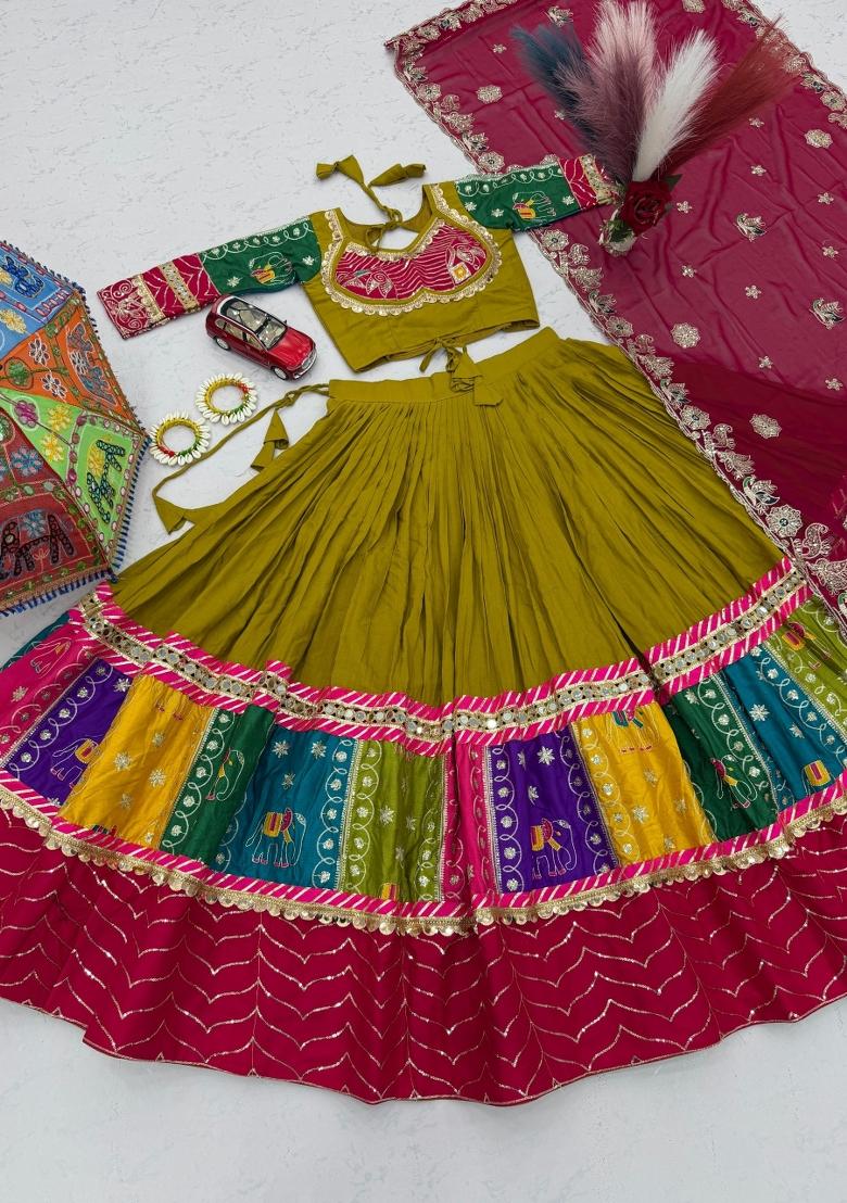 Olive Green And Rani Pink Sequin Work Georgette Navratri Lehenga Set - Indya