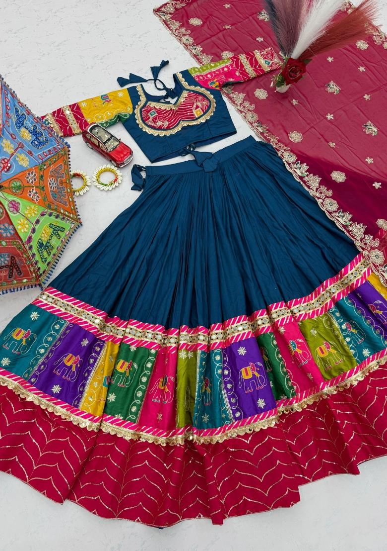 Peacock Blue And Rani Pink Sequin Work Georgette Navratri Lehenga Set - Indya