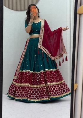 Dark Peacock Green And Maroon Sequin Work Georgette Navratri Lehenga Set