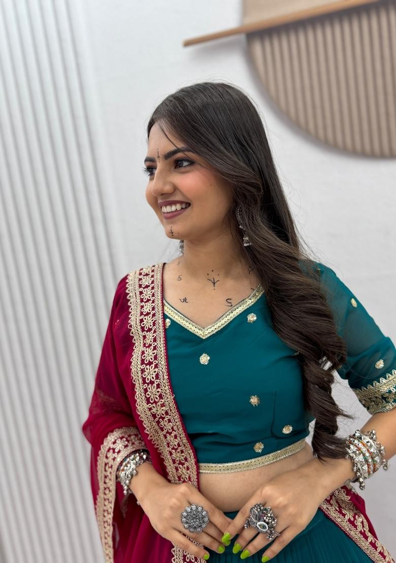 Dark Peacock Green And Maroon Sequin Work Georgette Navratri Lehenga Set - Indya
