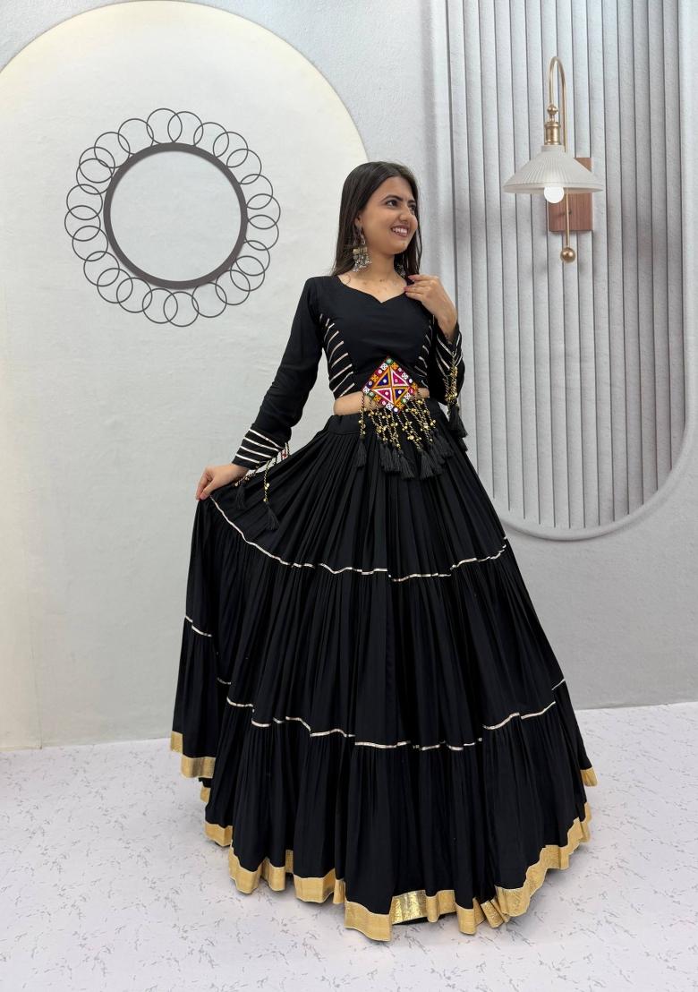 Black Gamthi Work Cotton Navratri Lehenga Set - Indya