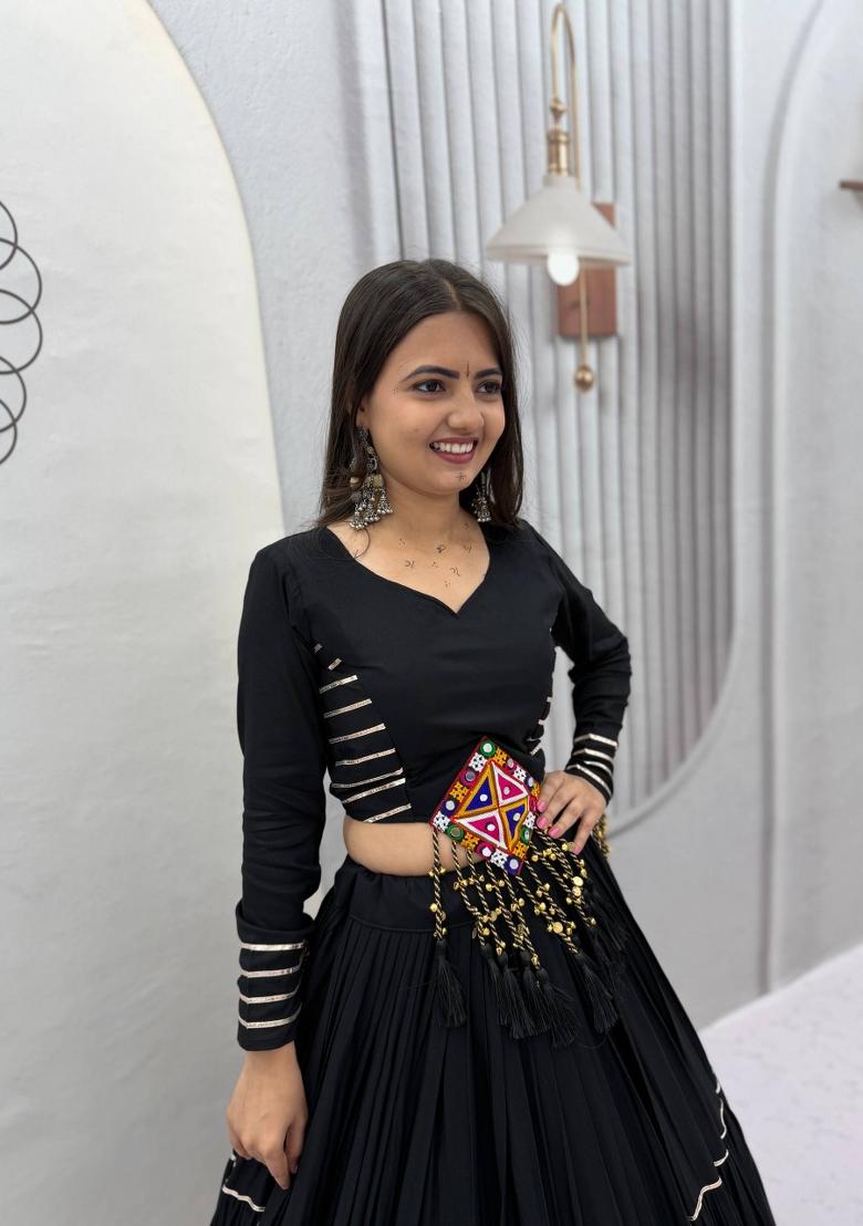 Black Gamthi Work Cotton Navratri Lehenga Set - Indya