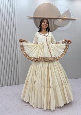 Off White Embroidered Cotton Navratri Lehenga Set