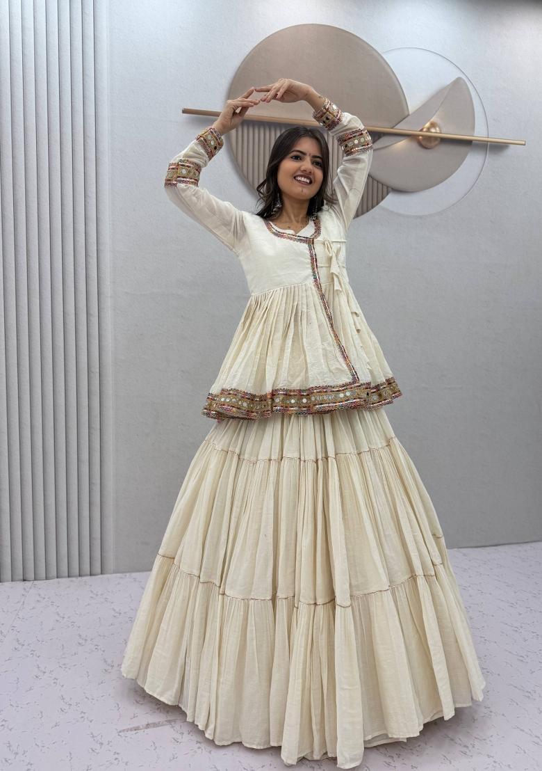 Off White Embroidered Cotton Navratri Lehenga Set - Indya