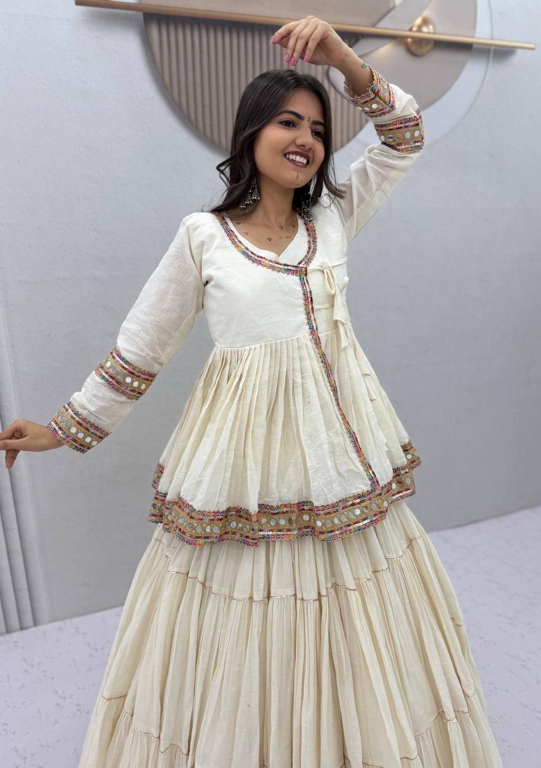 Off White Embroidered Cotton Navratri Lehenga Set - Indya