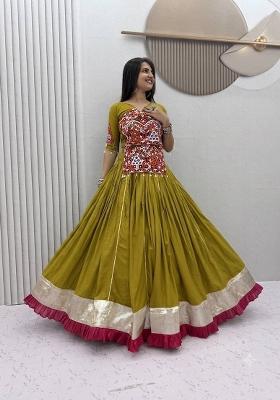 Olive Green And Magenta Pink Gamthi Work Cotton Navratri Lehenga Set