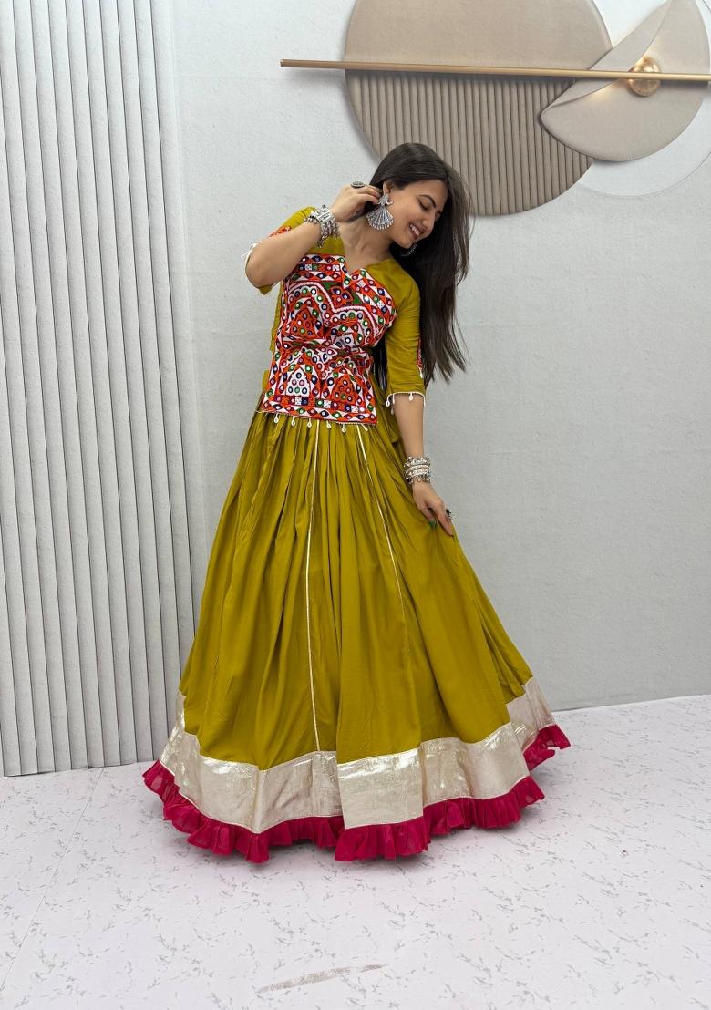Olive Green And Magenta Pink Gamthi Work Cotton Navratri Lehenga Set - Indya