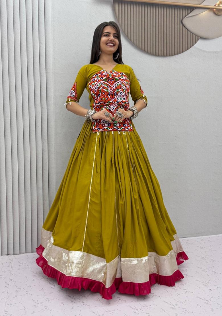 Olive Green And Magenta Pink Gamthi Work Cotton Navratri Lehenga Set - Indya