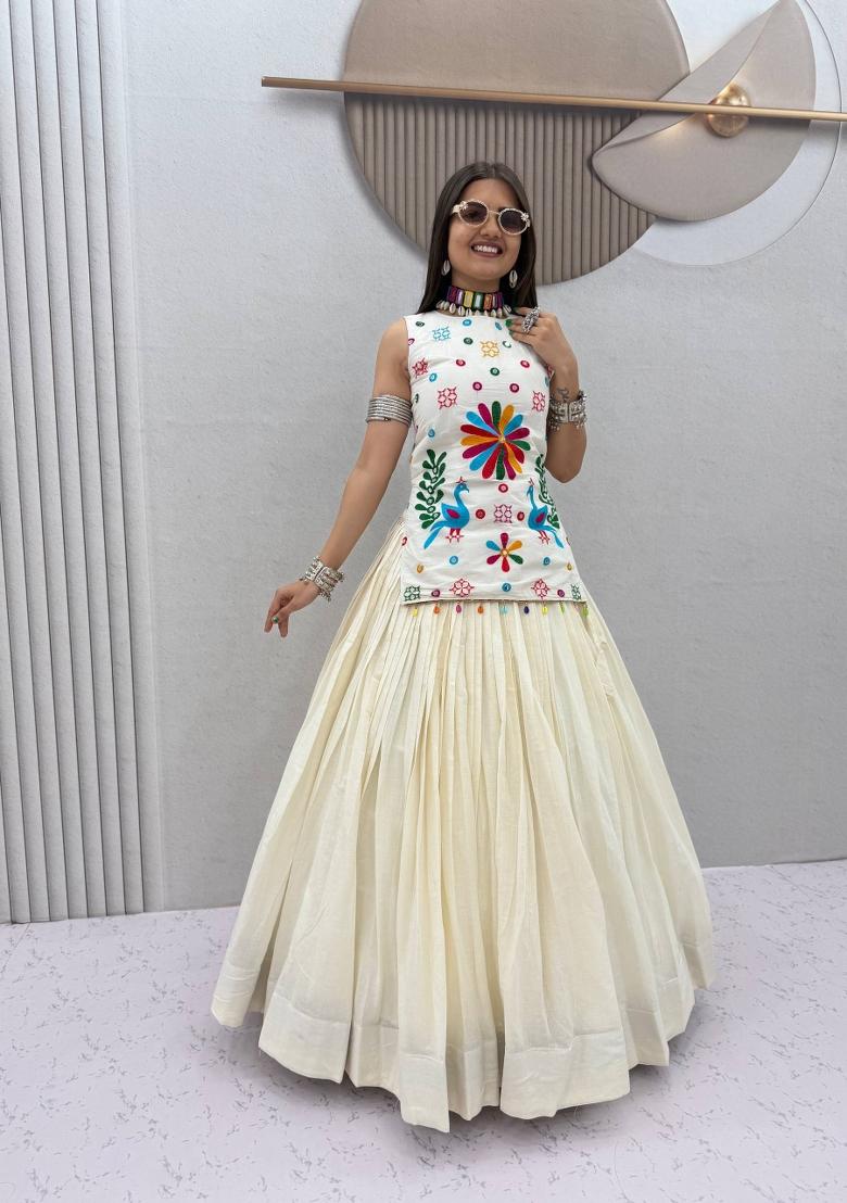 Off White Thread Work Cotton Navratri Lehenga Set - Indya