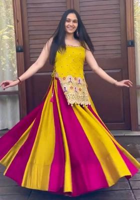 Yellow And Rani Pink Sequin Work Silk Navratri Lehenga Set