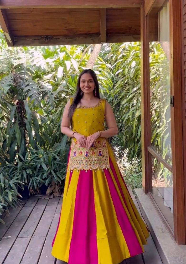 Yellow And Rani Pink Sequin Work Silk Navratri Lehenga Set - Indya