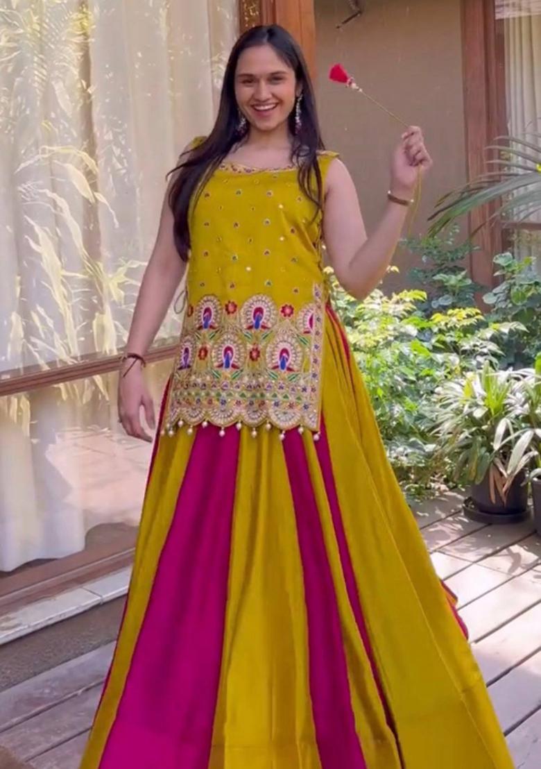 Yellow And Rani Pink Sequin Work Silk Navratri Lehenga Set - Indya