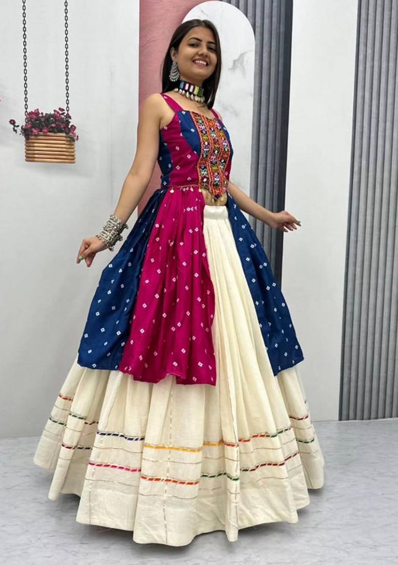 Multicolor Mirror Work Cotton Navratri Lehenga Set - Indya