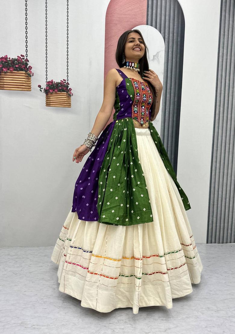 Multicolor Mirror Work Cotton Navratri Lehenga Set - Indya