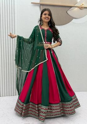 Emerald Green And Rani Pink Handwork Cotton Navratri Lehenga Set