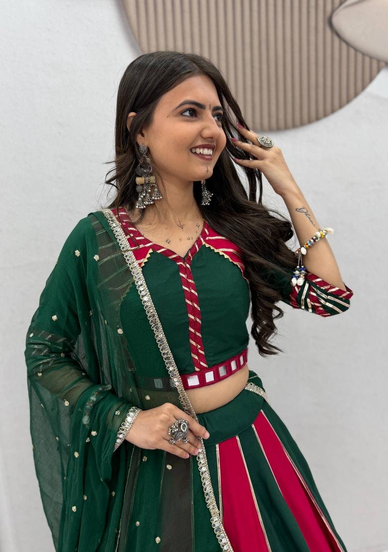 Emerald Green And Rani Pink Handwork Cotton Navratri Lehenga Set - Indya