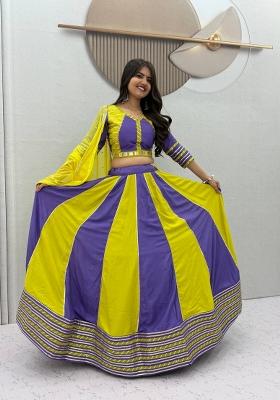 Yellow And Purple Handwork Cotton Navratri Lehenga Set
