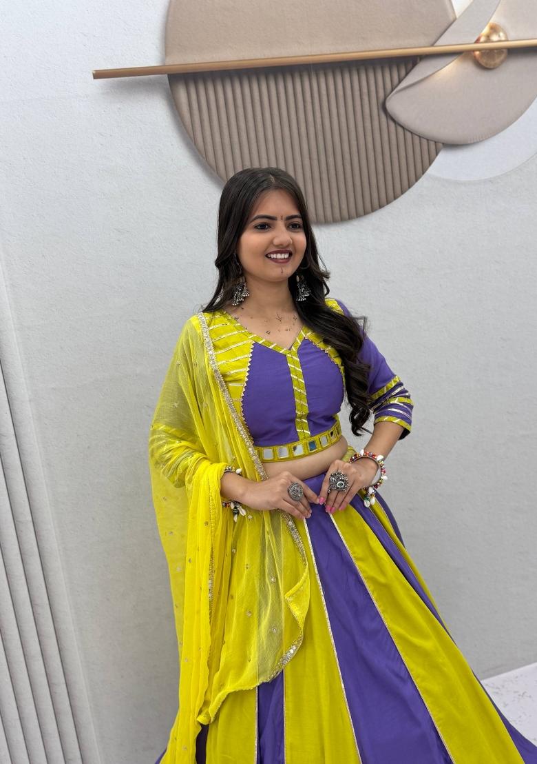 Yellow And Purple Handwork Cotton Navratri Lehenga Set - Indya