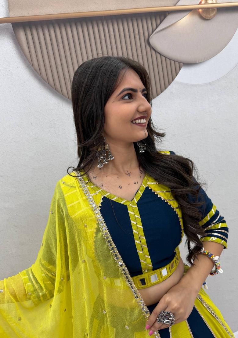 Yellow And Navy Blue Handwork Cotton Navratri Lehenga Set - Indya