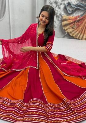 Rani Pink And Orange Handwork Cotton Navratri Lehenga Set