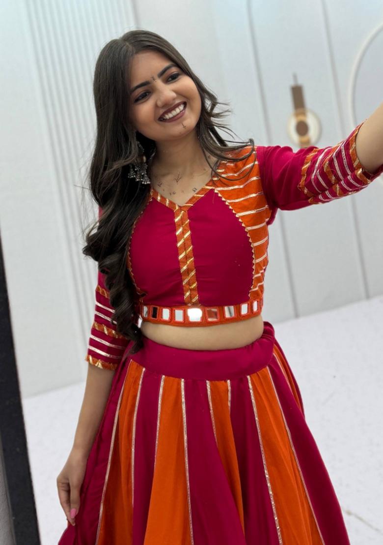 Rani Pink And Orange Handwork Cotton Navratri Lehenga Set - Indya