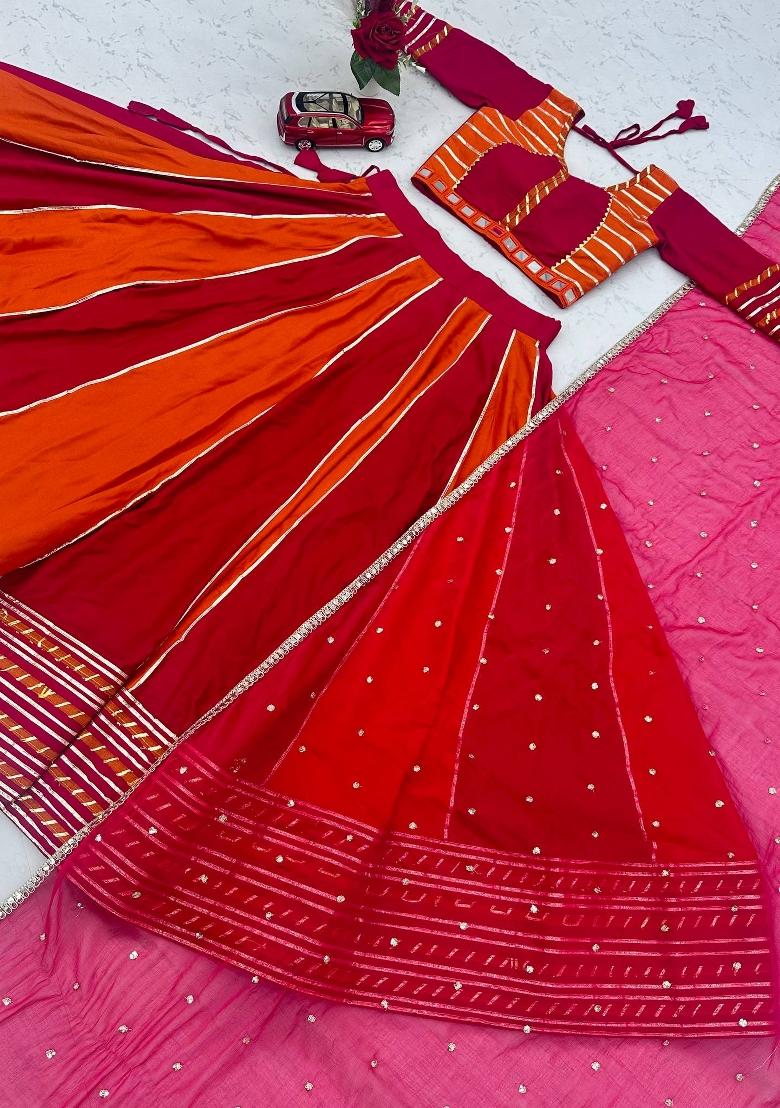 Rani Pink And Orange Handwork Cotton Navratri Lehenga Set - Indya
