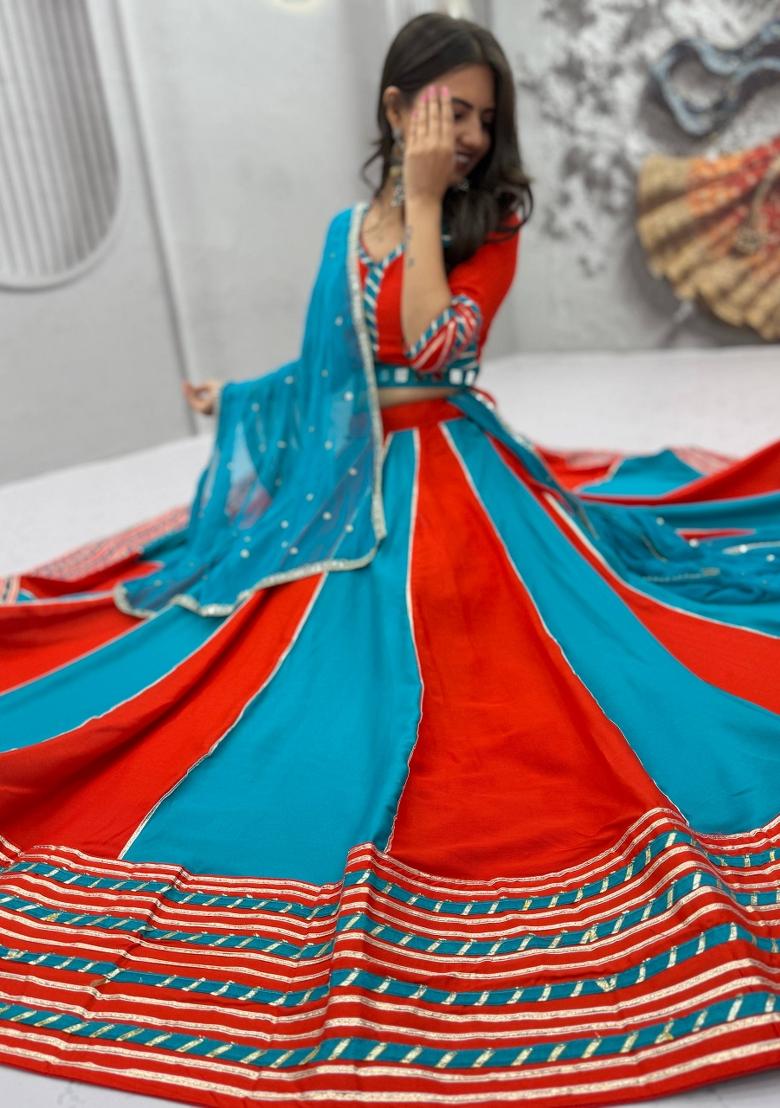 Sky Blue And Bright Red Handwork Cotton Navratri Lehenga Set - Indya