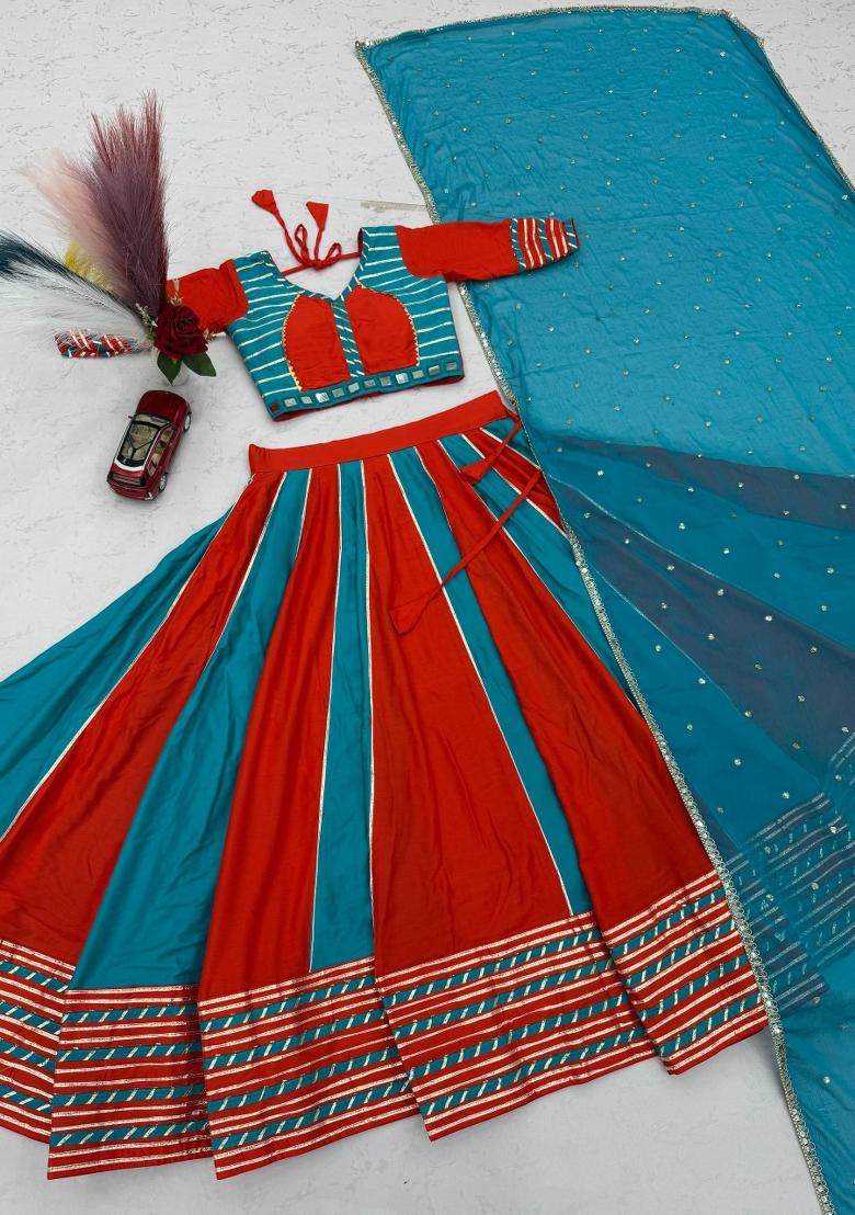 Sky Blue And Bright Red Handwork Cotton Navratri Lehenga Set - Indya