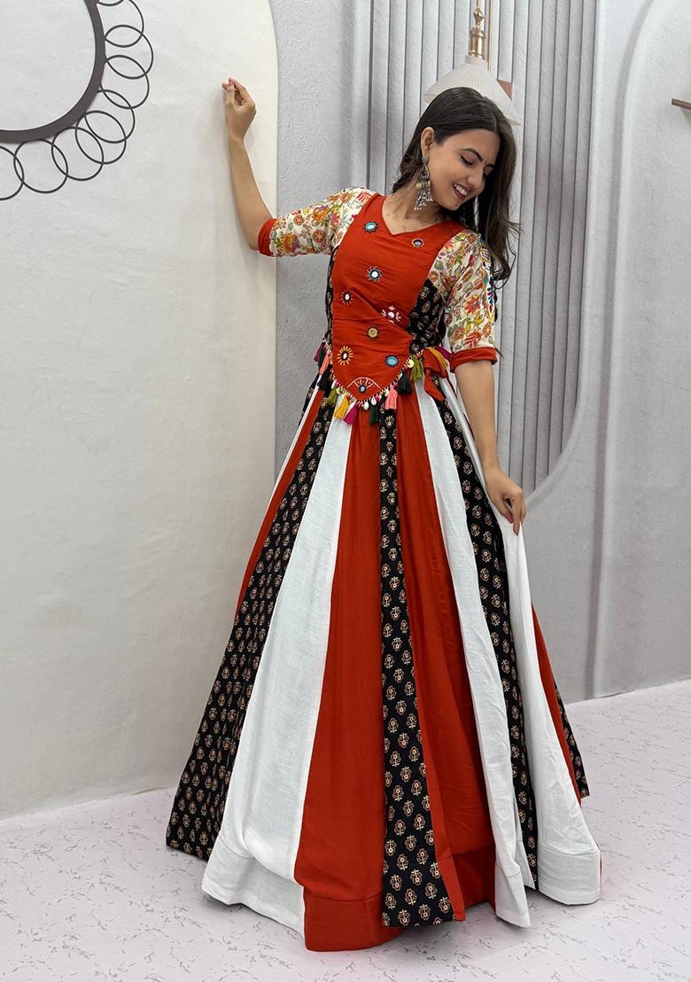 Multicolor Handwork Cotton Navratri Lehenga Set - Indya