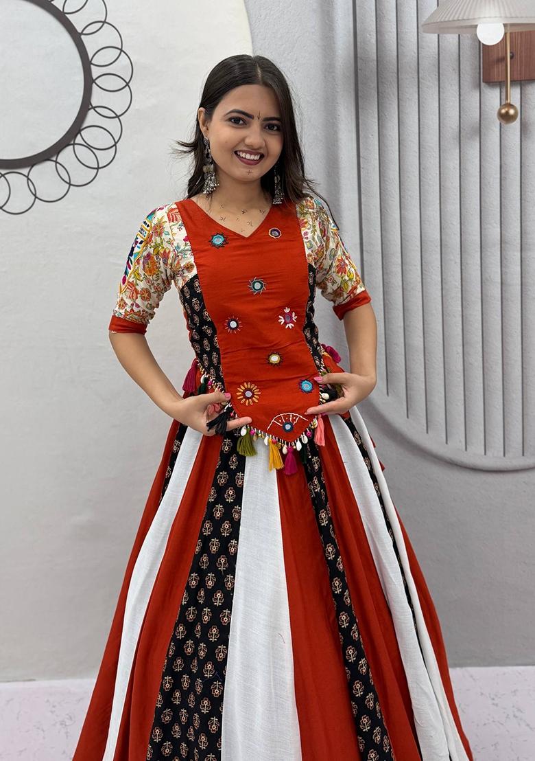 Multicolor Handwork Cotton Navratri Lehenga Set - Indya
