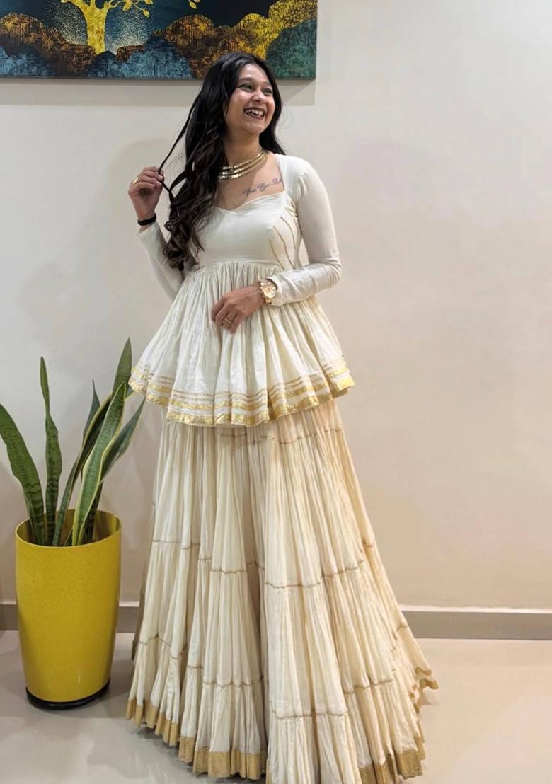 White Lace Work Cotton Navratri Lehenga Set - Indya