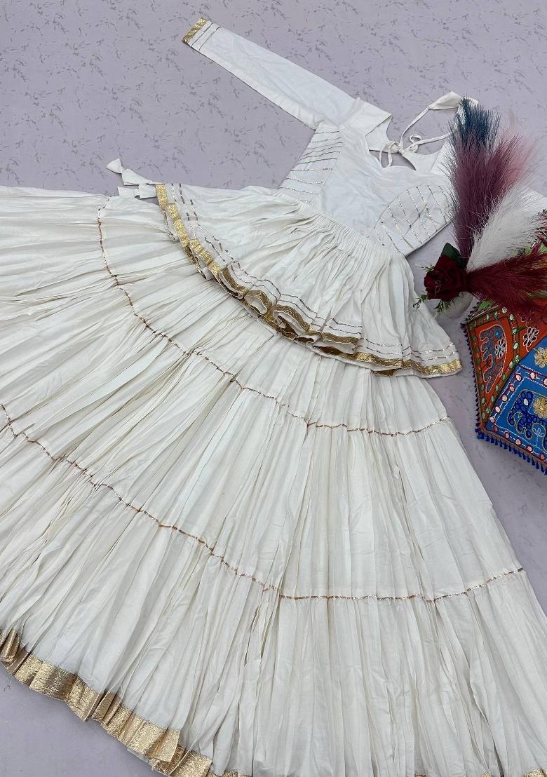 White Lace Work Cotton Navratri Lehenga Set - Indya