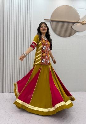 Olive Green And Magenta Pink Mirror Work Cotton Navratri Lehenga Set