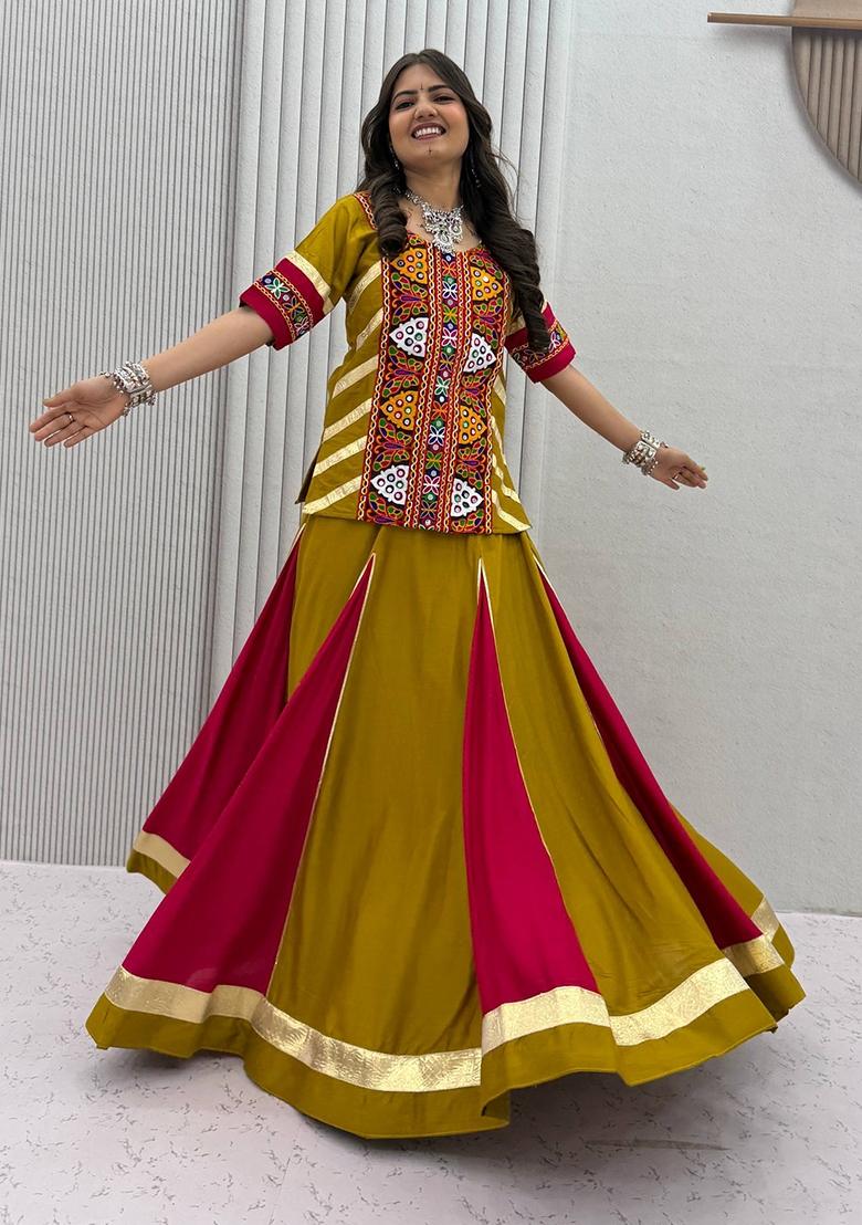 Olive Green And Magenta Pink Mirror Work Cotton Navratri Lehenga Set - Indya