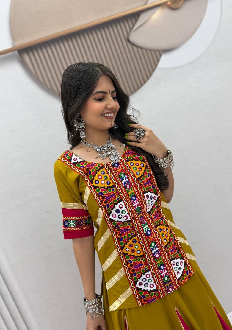 Olive Green And Magenta Pink Mirror Work Cotton Navratri Lehenga Set - Indya
