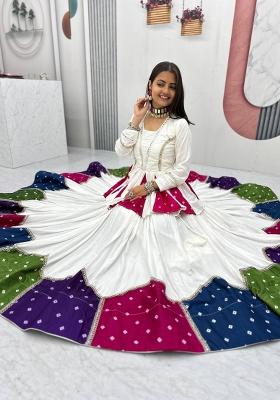 White And Multicolor Patch Work Cotton Navratri Lehenga Set